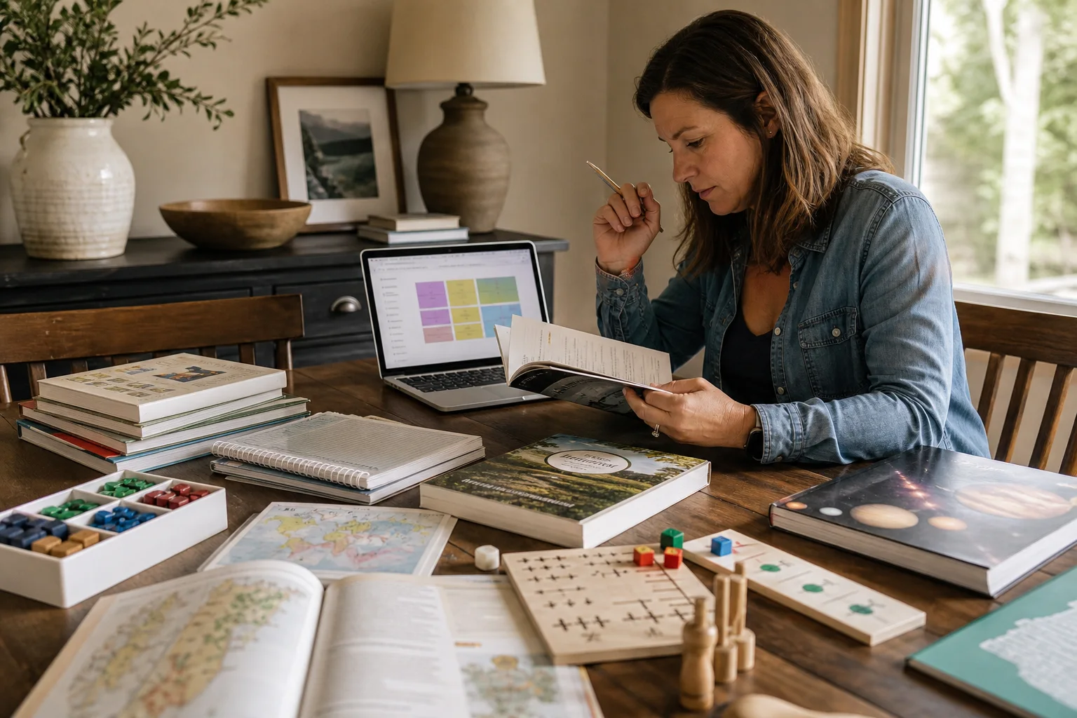Parent comparing homeschool curriculum books and learning materials